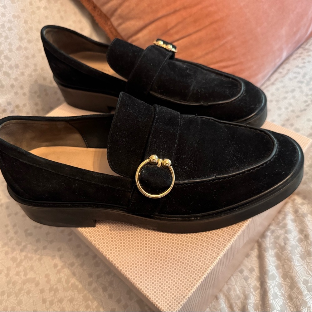 Stuart Weitzman Black and Gold Loafers with Suede Finish